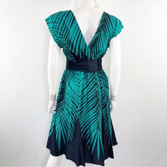 On The Rocks California Vintage Teal Green Dress Size 7/8 Black Palm Leaf Print - Picture 8 of 11